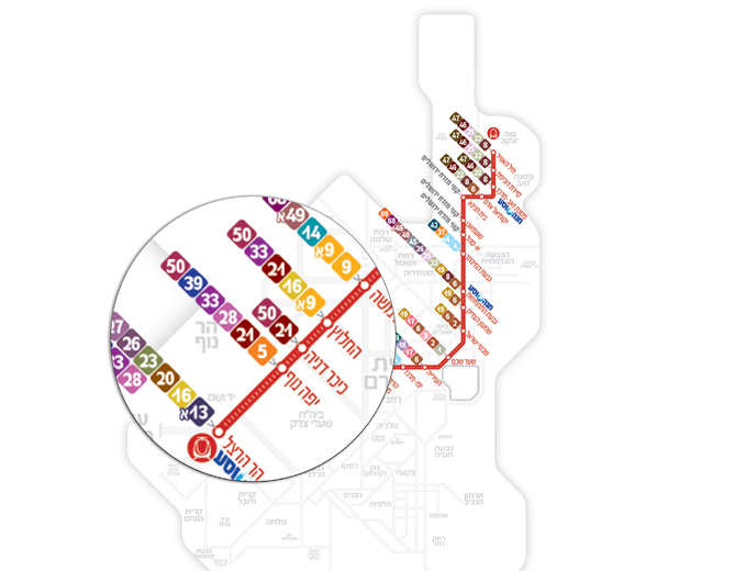 עיצוב מפת ציר הרכבת הקלה וממשקי אוטובוס בירושלים
